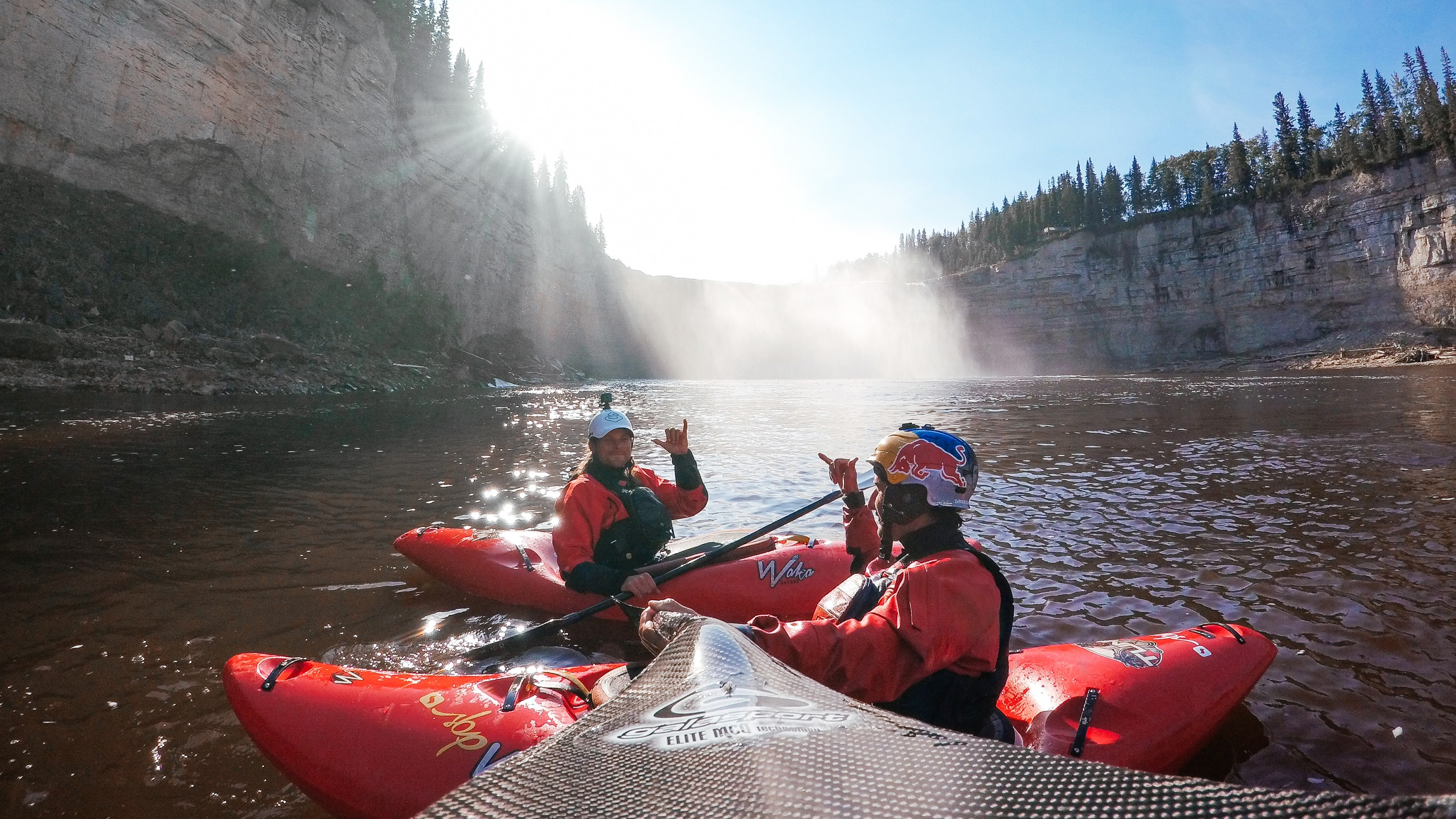 Kayakers selfie with GoPro Floaty Floating Camera Case