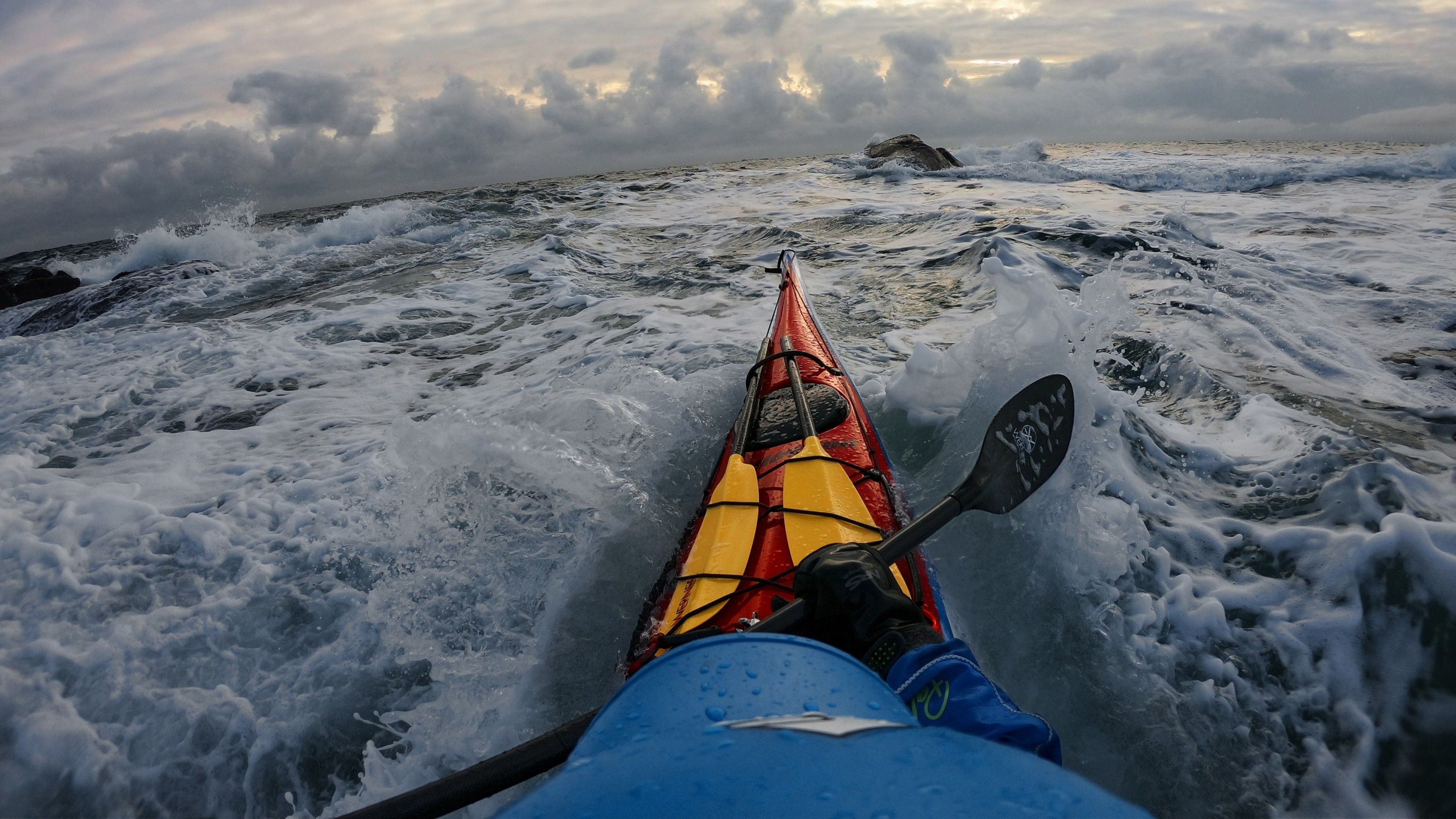 GoPro action camera mounted to kayak helmet POV