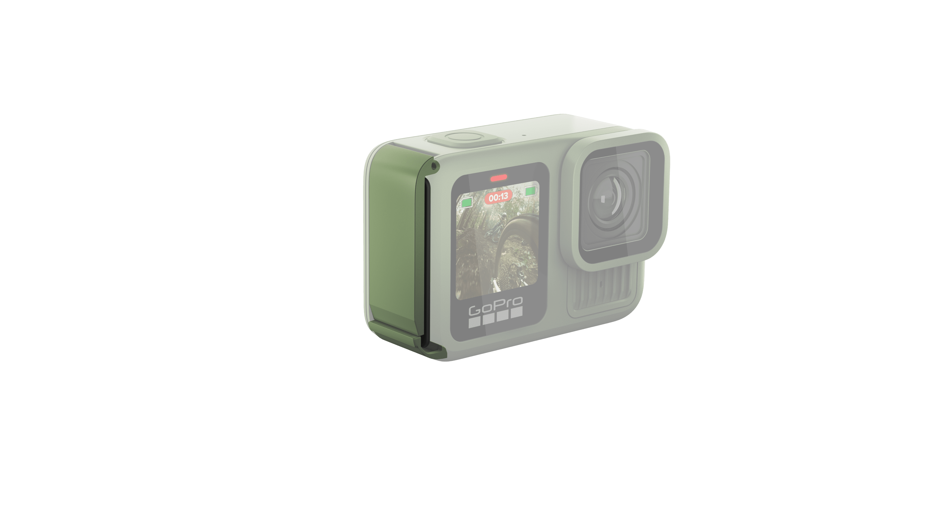 GoPro official HERO13 Black Forest Green replacement battery door shown as one complete side-door part