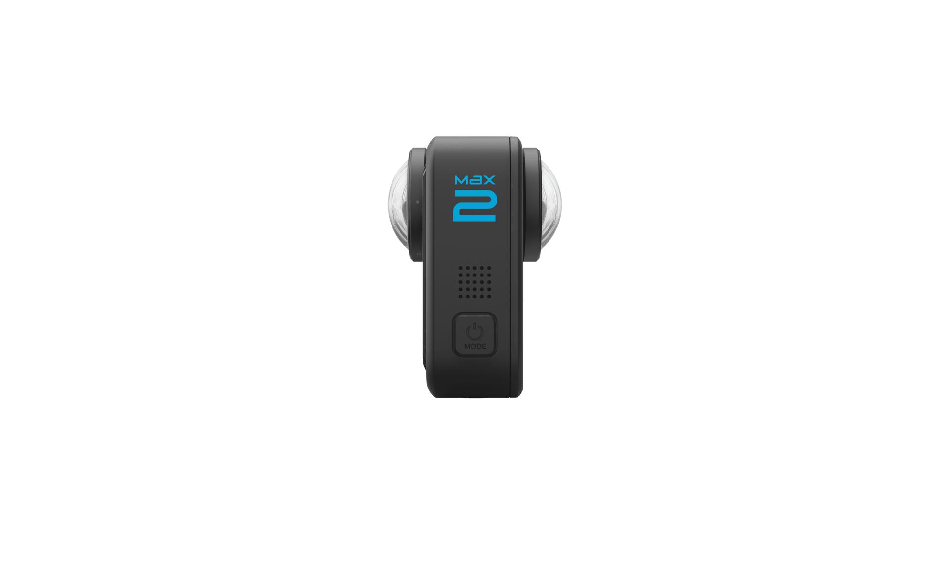 The GoPro MAX2 360 camera photographed from the side, showing its black body, MAX2 branding and the protruding round lens elements on each face