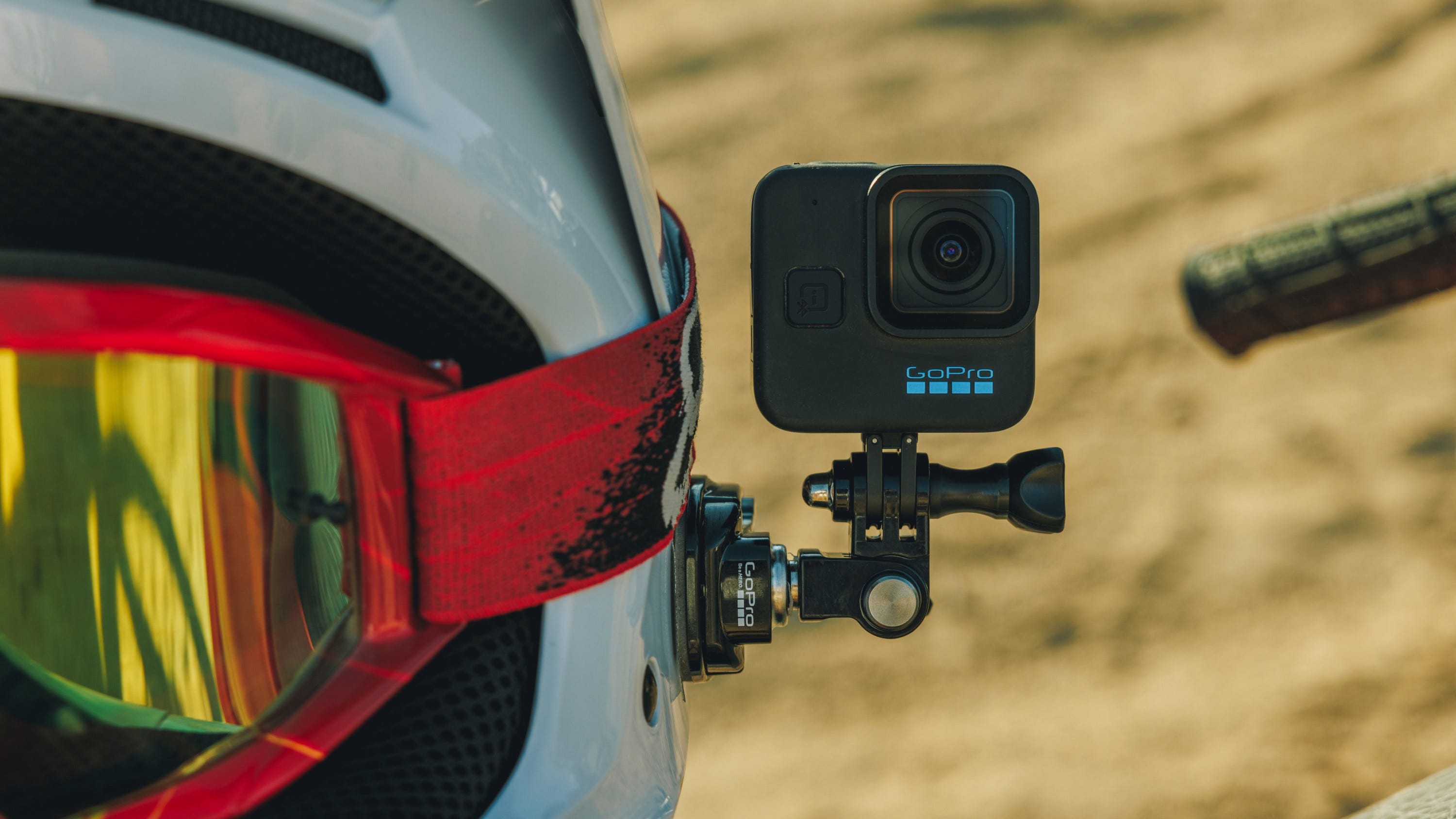 GoPro HERO11 Mini mounted to side of dirt bike helmet